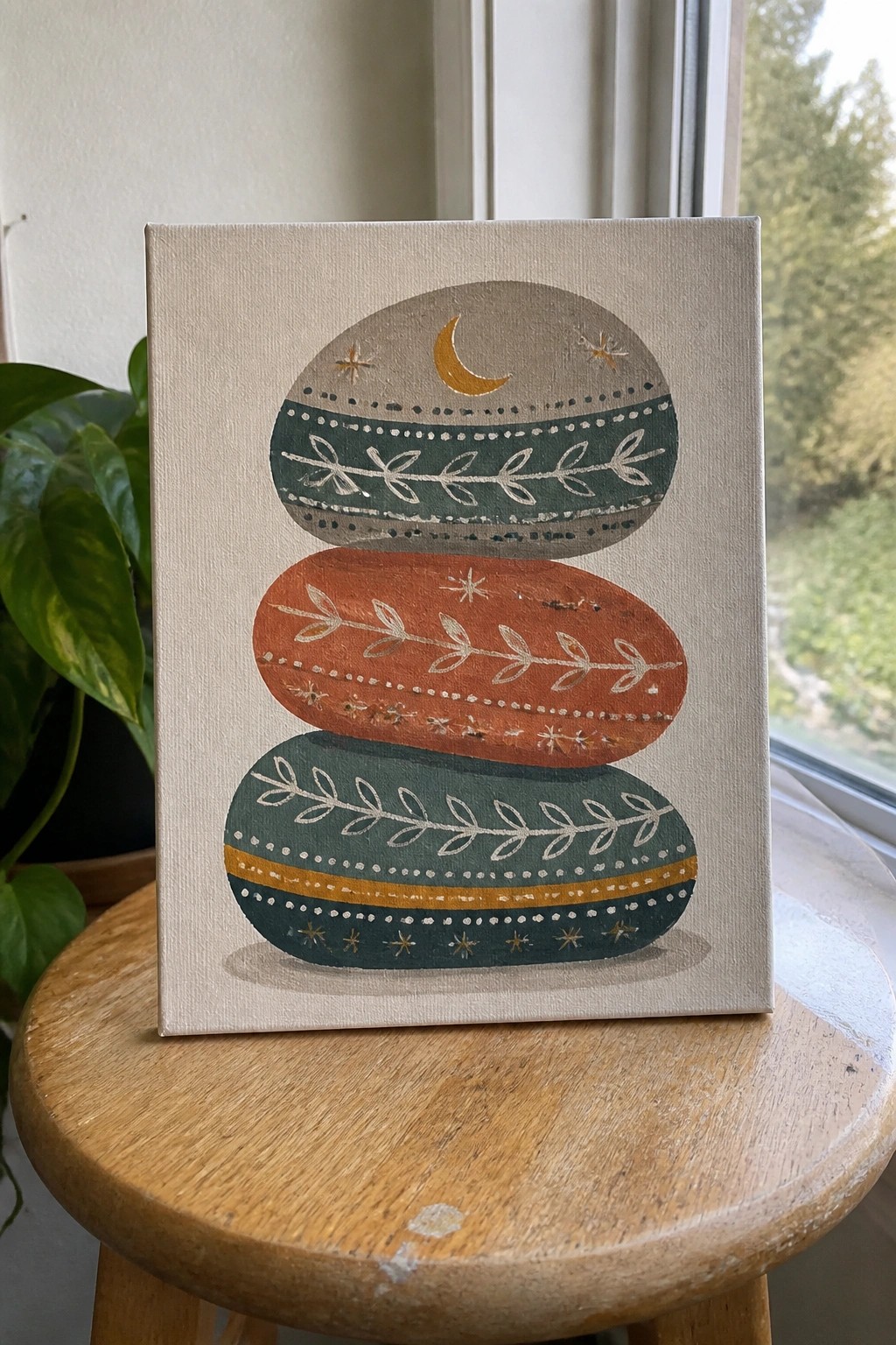 Three stacked patterned ovals with moon and stars on wooden stool