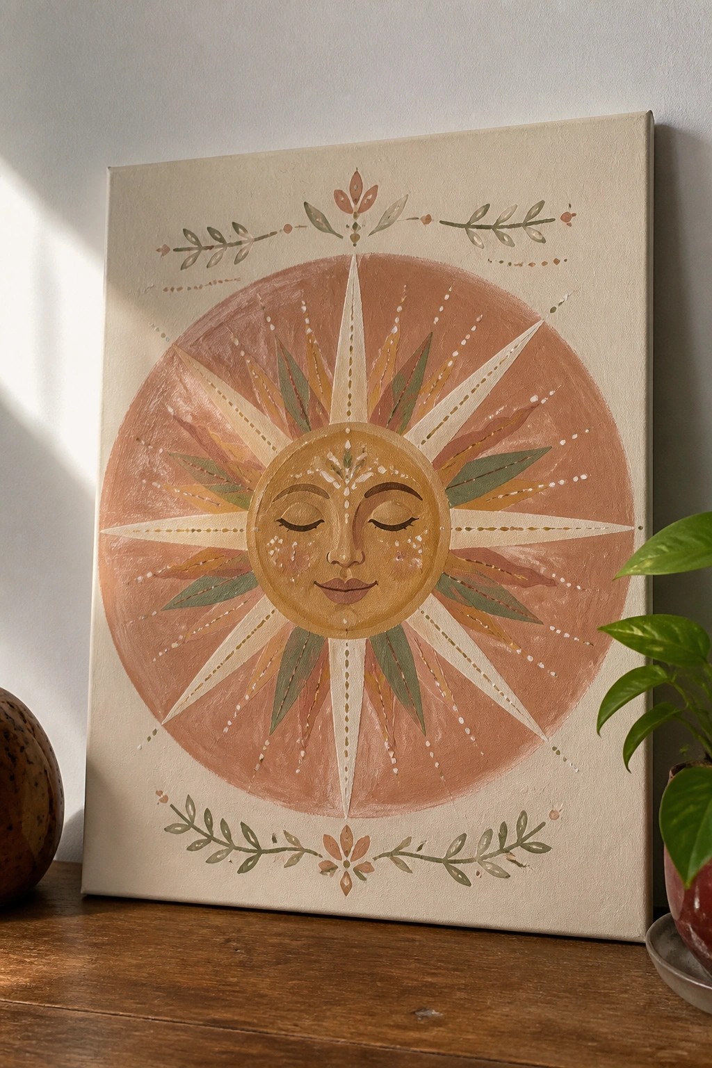 A canvas painting of a smiling sun face with closed eyes in warm orange and yellow tones, surrounded by pointed rays and topped and bottomed with green leaf garlands on a beige background.