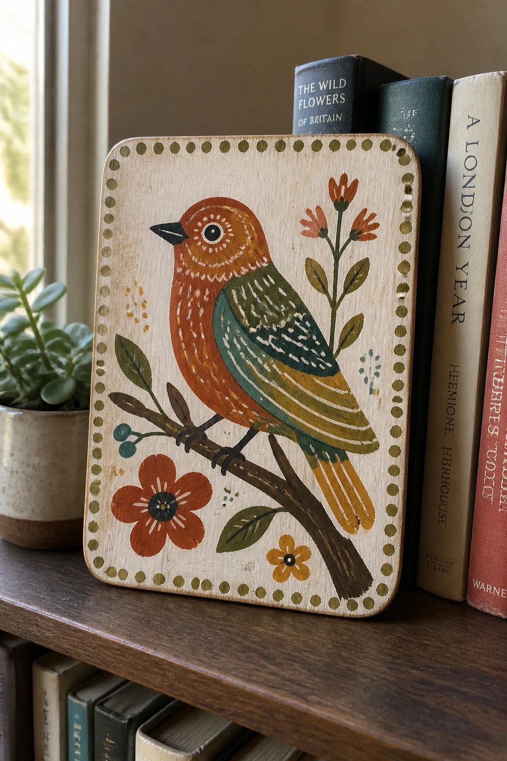Folk-style painted bird on wooden plaque propped against books on a shelf.