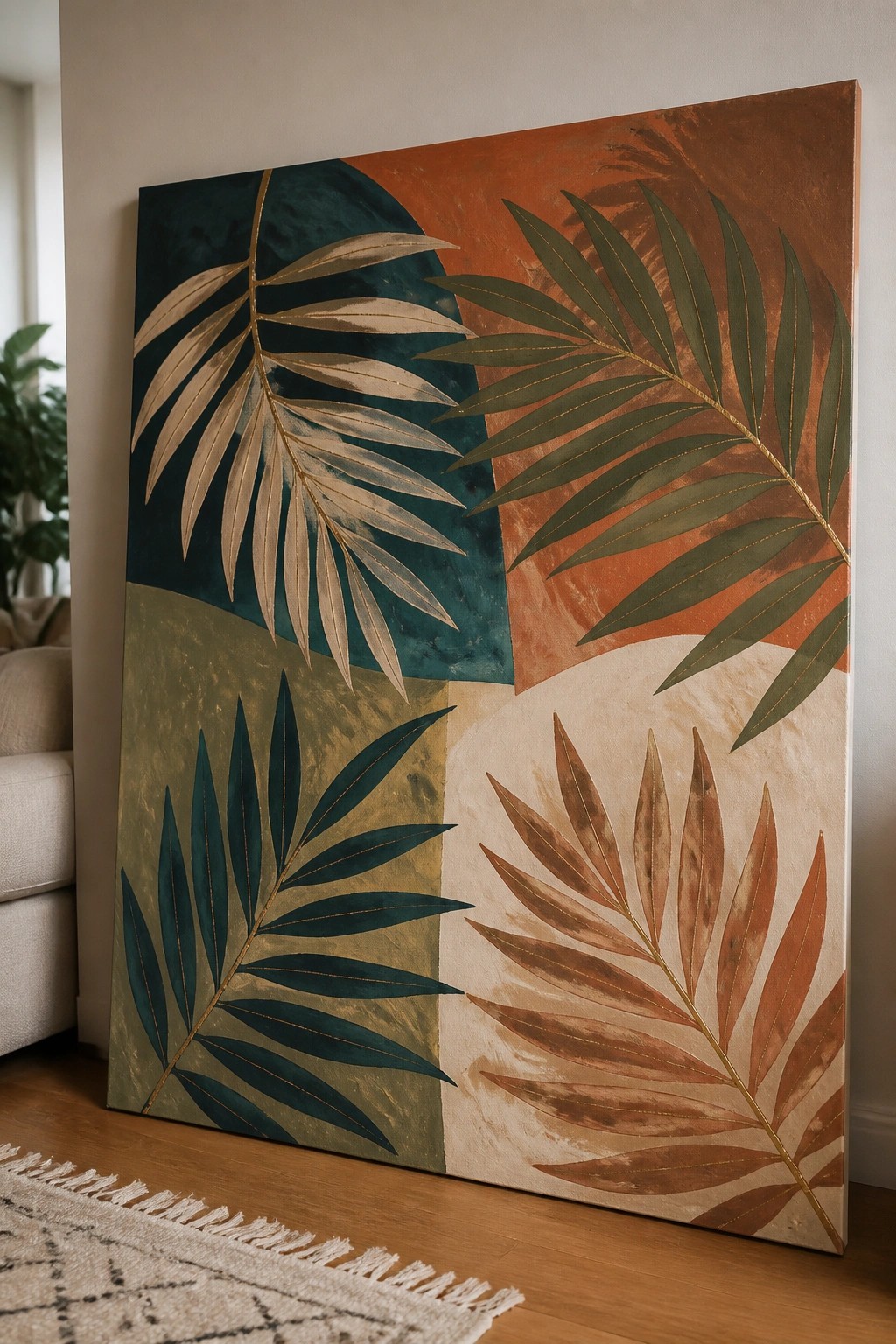 Abstract painting with gold-outlined palm leaves on teal, orange, and beige background