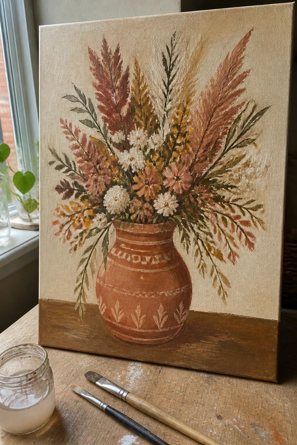 Canvas painting of colorful dried flowers in patterned terracotta vase beside paintbrushes and jar.
