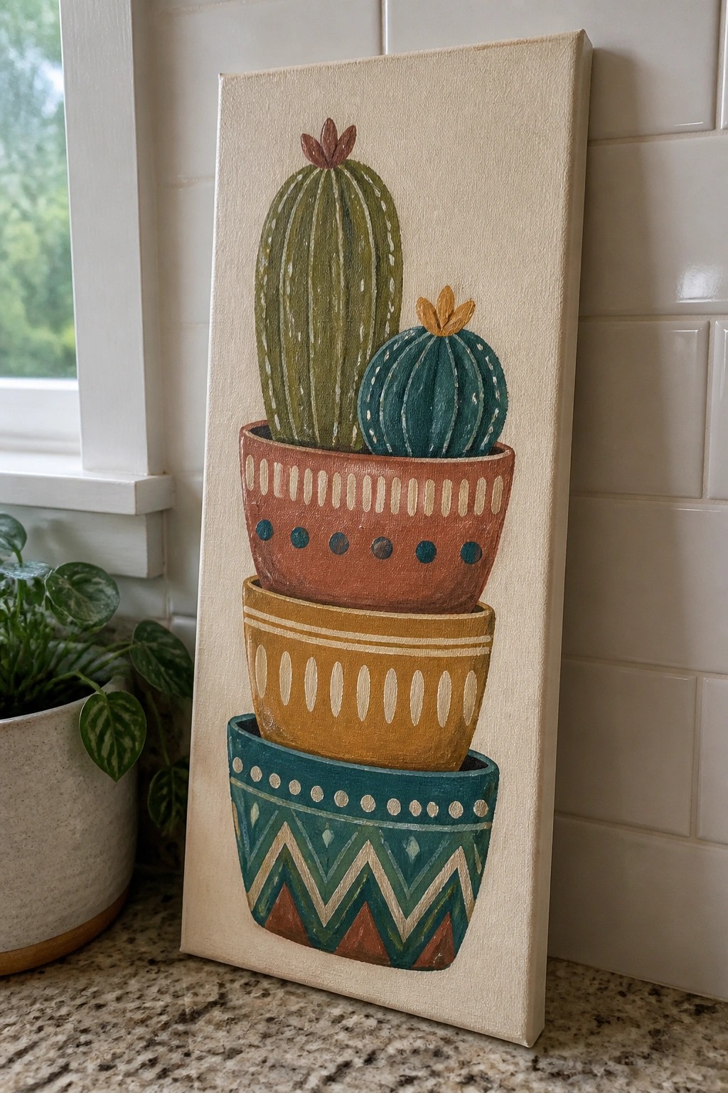 Stacked patterned pots with green and teal cacti on a canvas painting