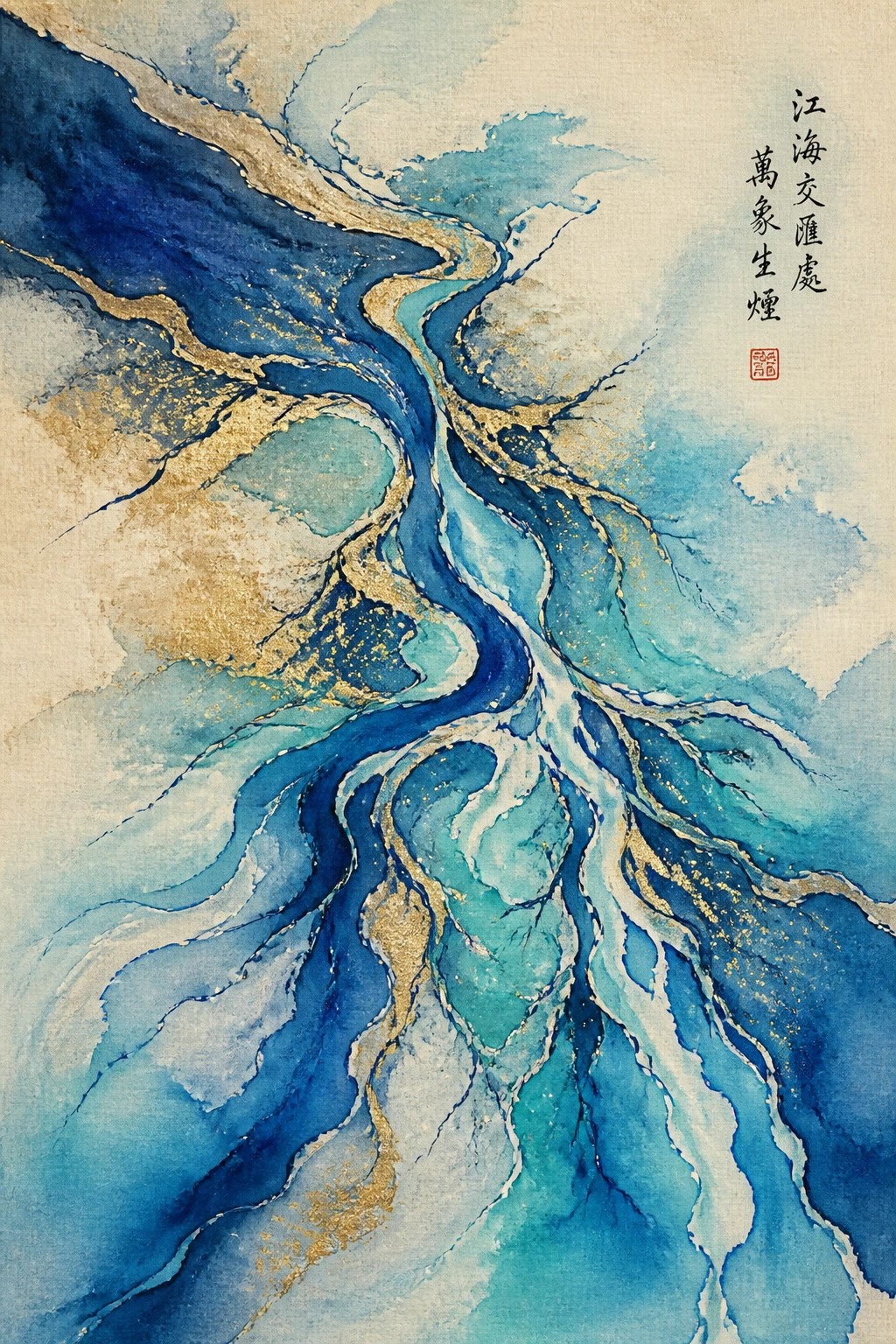 An abstract watercolor painting of flowing blue and teal rivers with gold accents on a beige background, with Chinese calligraphy on the upper right.