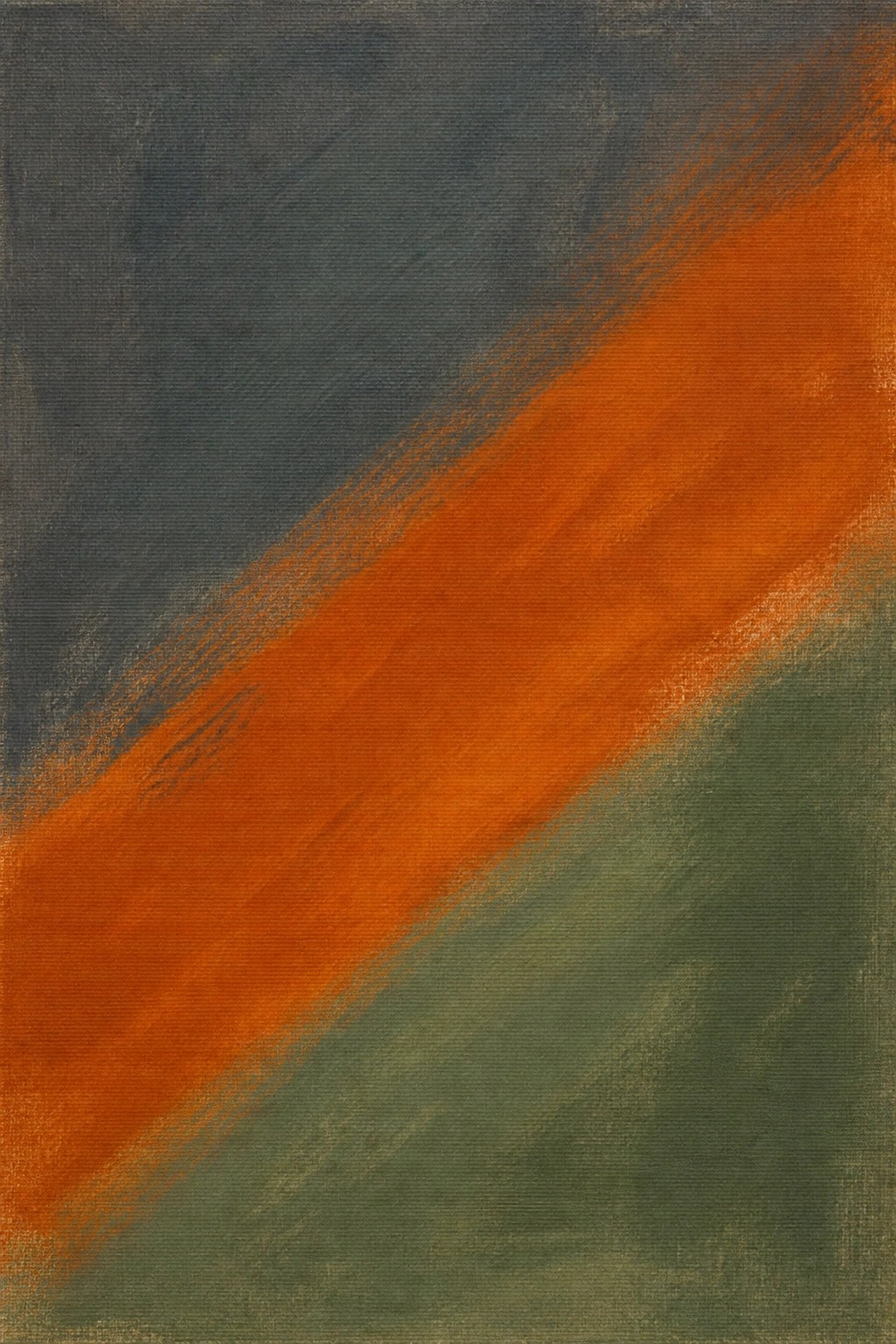 Abstract painting with a bold orange diagonal brushstroke across a dark blue-gray background and green lower section on textured canvas.