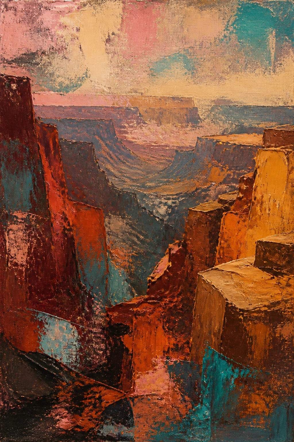 An abstract oil painting of a colorful canyon landscape with thick impasto textures in reds oranges blues and teals.