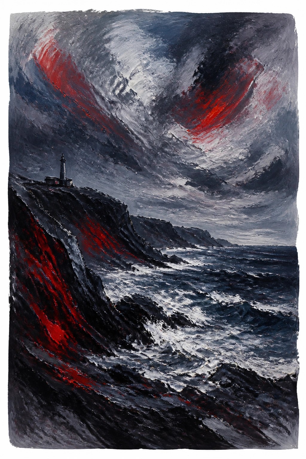 Abstract oil painting of a lighthouse on a cliff during a dramatic storm with swirling red and dark gray skies above turbulent blue waves.