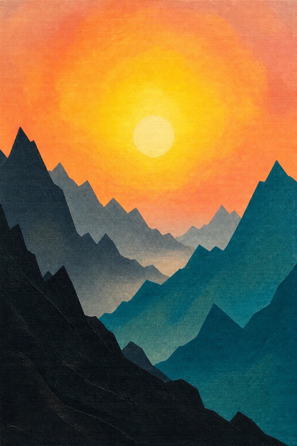 Abstract painting of dark blue and black mountain silhouettes layered against a vibrant orange to yellow gradient sky with a bright white sun at center.