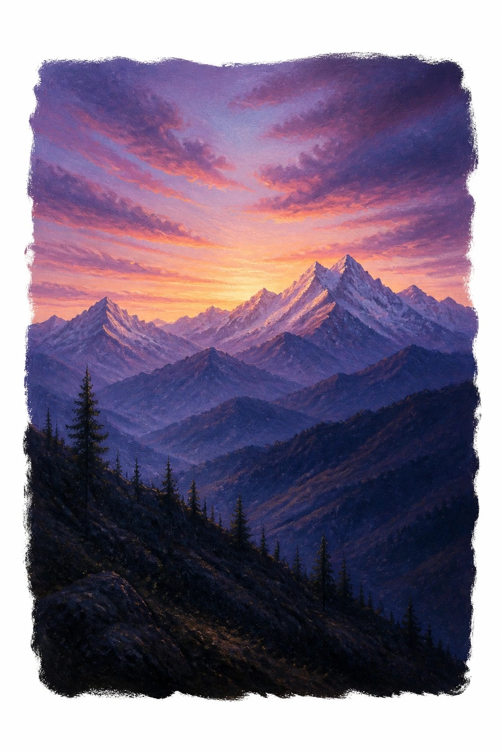 A vibrant oil painting of snow capped mountains under a colorful sunset sky with pine trees silhouetted on a rocky ridge in the foreground