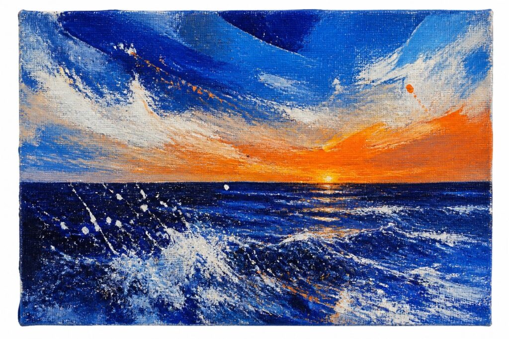 A vibrant abstract painting of a sunset over crashing ocean waves with bold blue and orange colors thick brushstrokes and a glowing sun on the horizon.