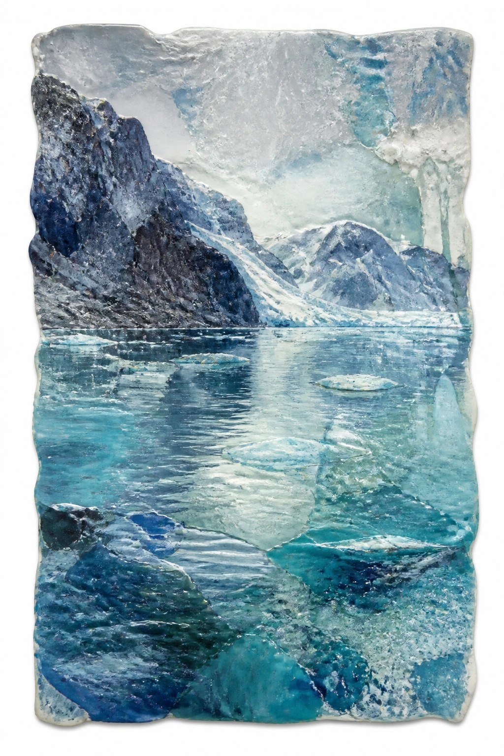 Textured abstract painting of a glacial fjord with blue icebergs floating on reflective water and rugged snow covered mountains in the distance.