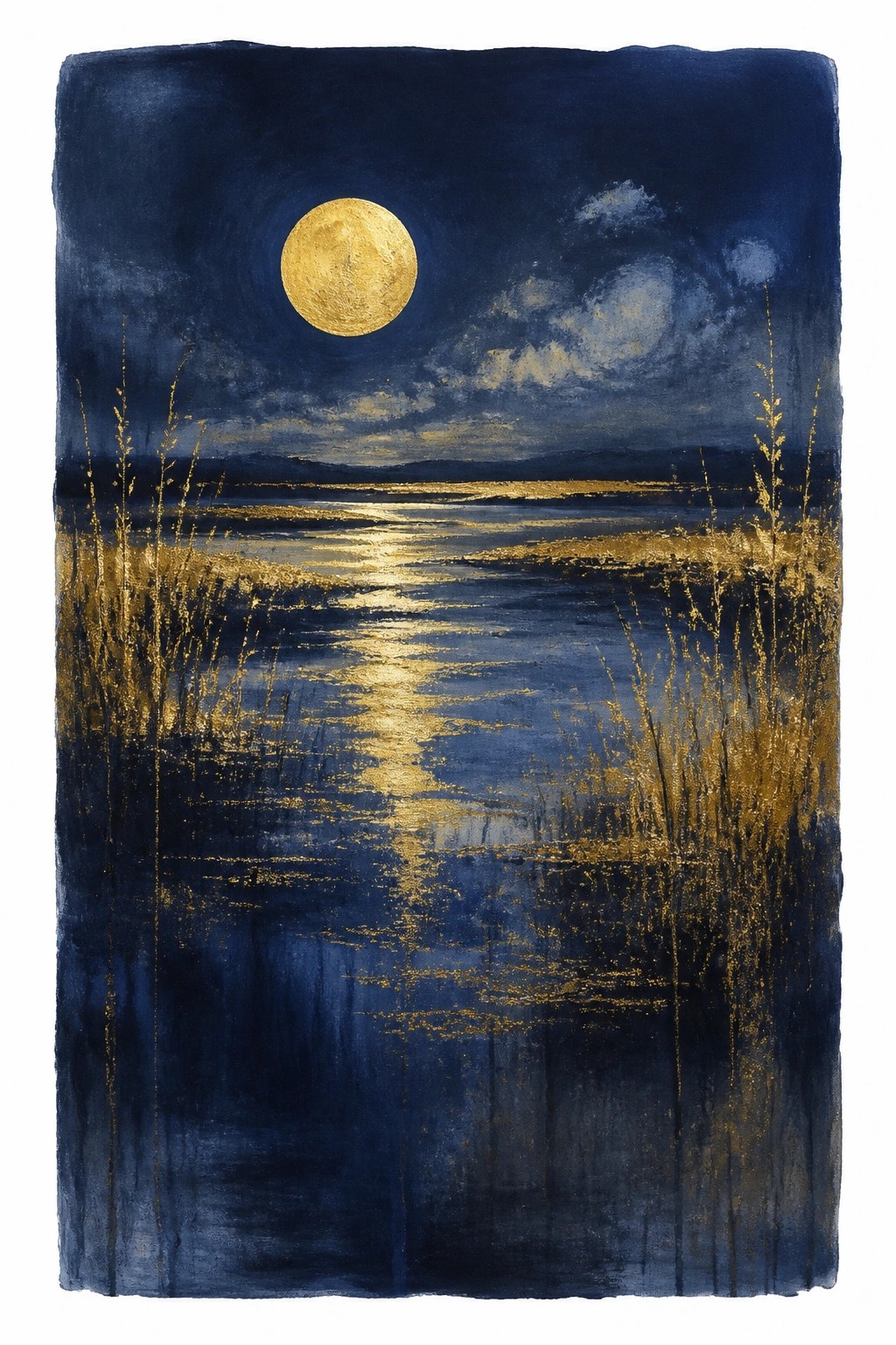 Abstract watercolor night scene with a large golden moon reflecting on dark blue water framed by golden reeds on both sides.