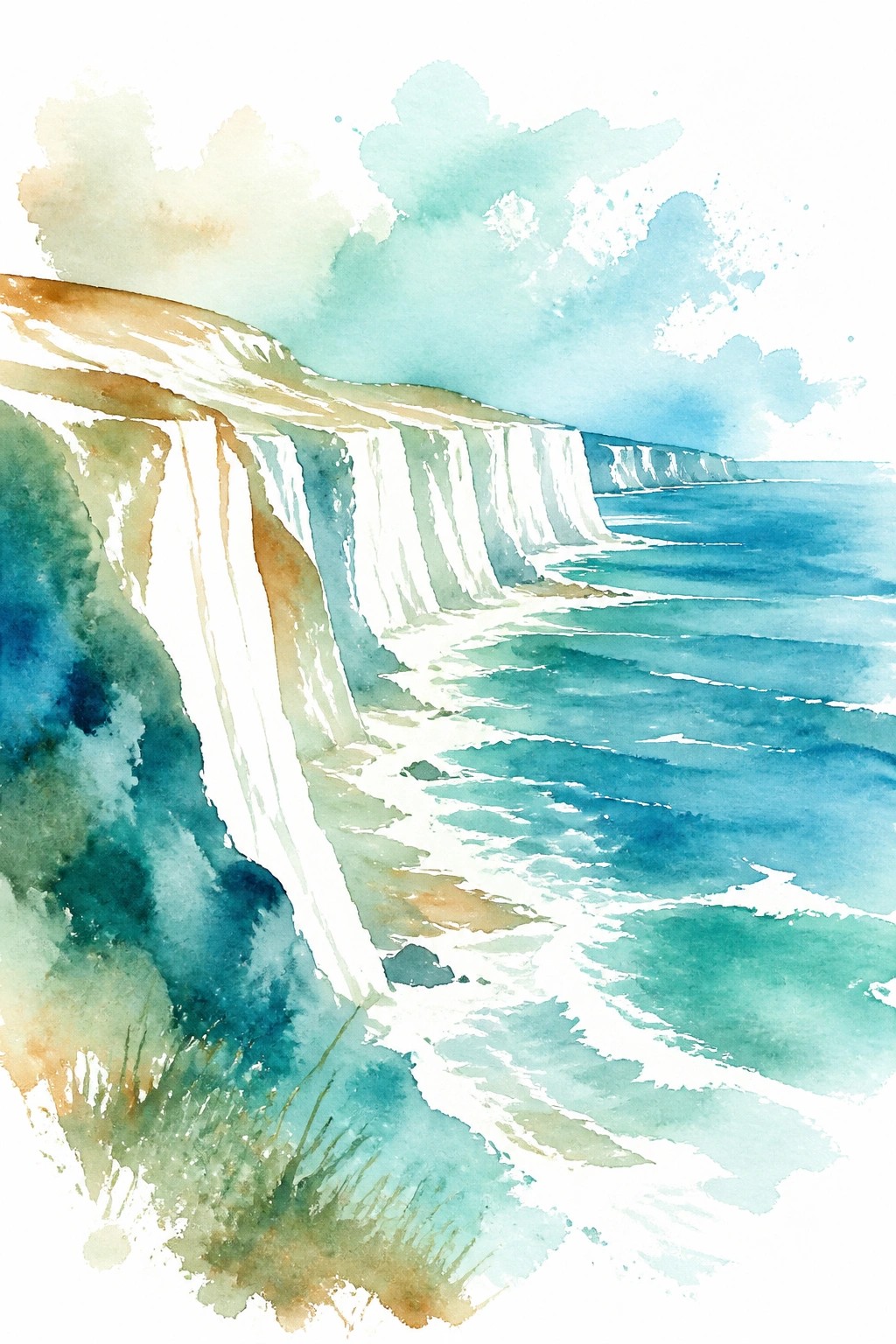 Watercolor painting of white cliffs by a blue ocean with waves and a cloudy sky