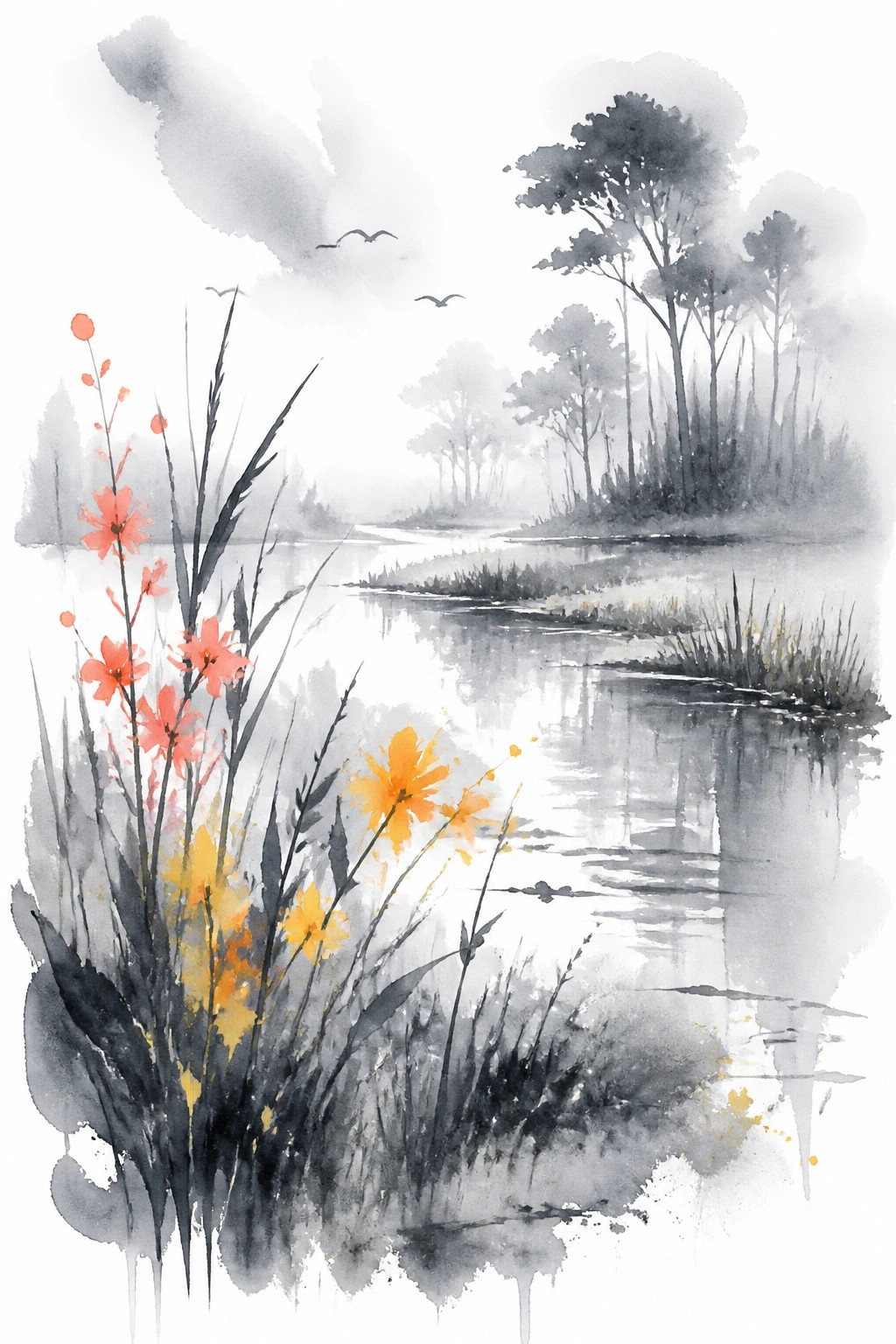 Watercolor abstract landscape showing a misty river with orange and yellow wildflowers in the foreground dark silhouetted trees and birds flying overhead in soft gray tones
