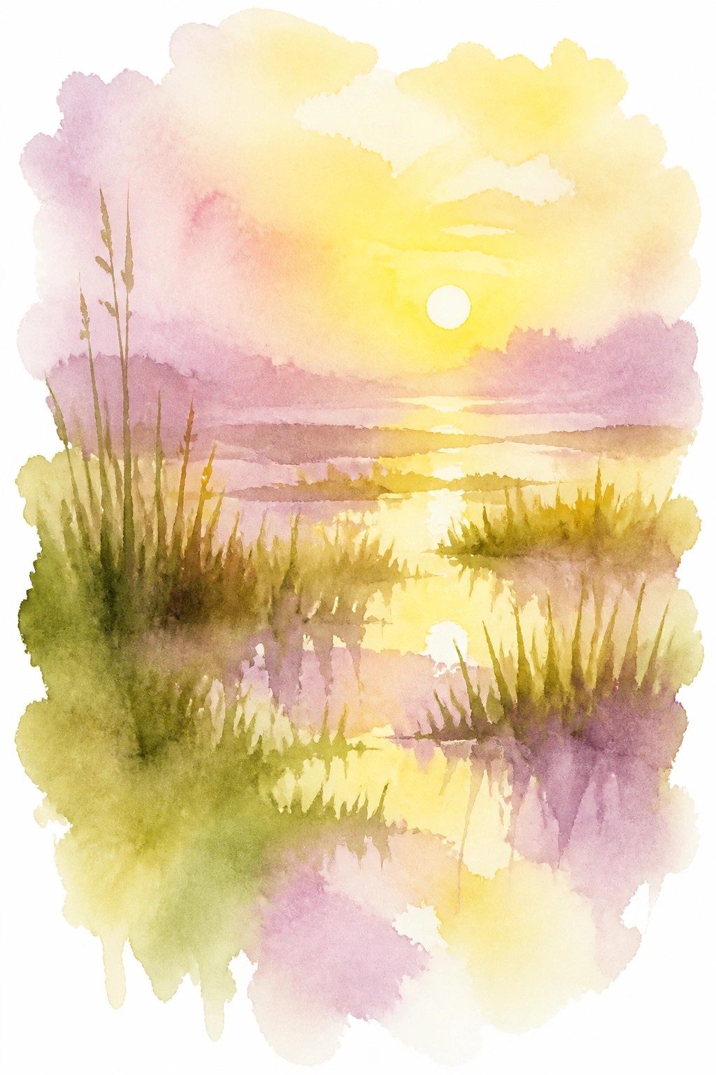 Watercolor landscape of sunset over marsh with reeds water reflections and blended yellow pink purple sky