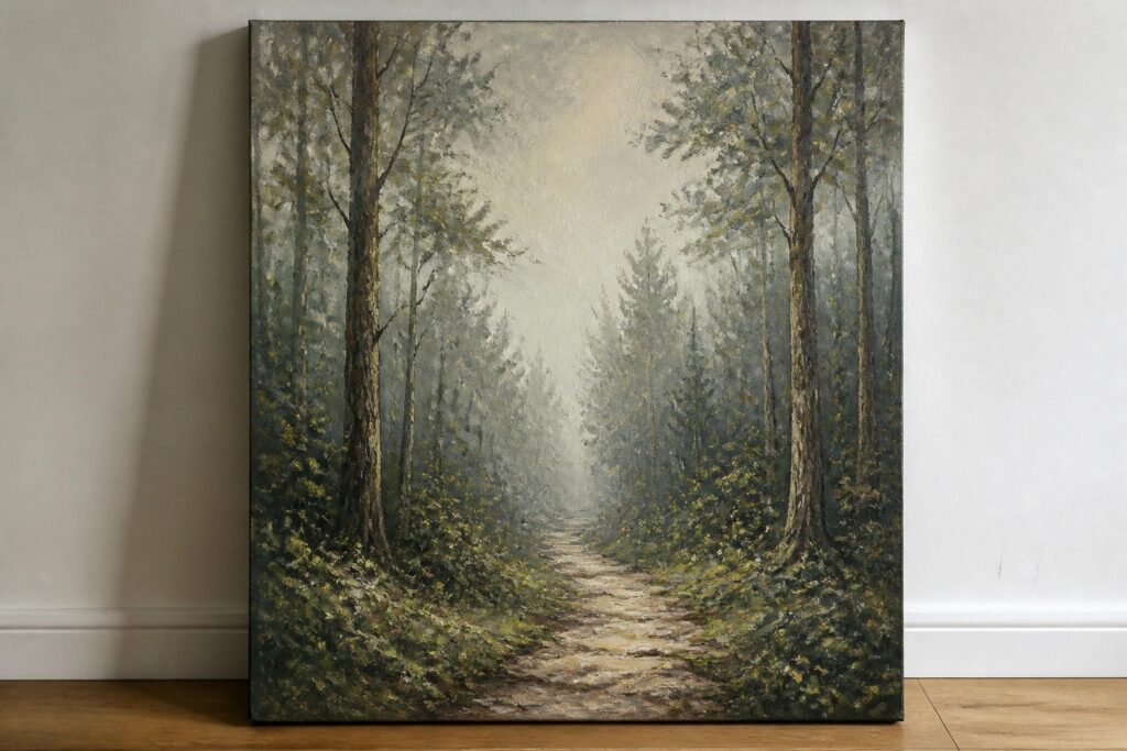 22 Calm Forest Oil Painting Ideas For A Refreshing Nature Escape Misty dirt path winding through tall pine trees in foggy forest