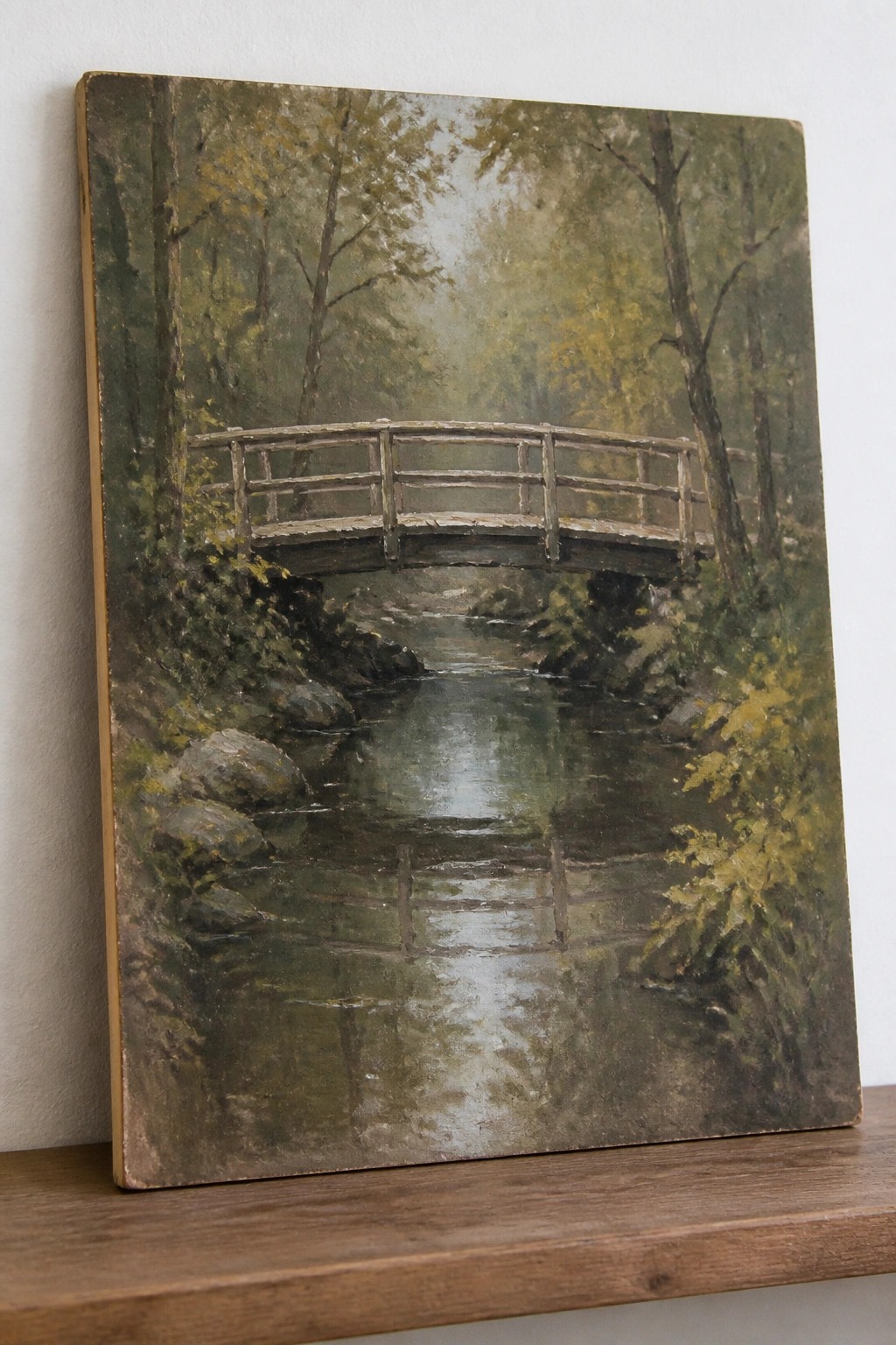 Oil painting of rustic wooden bridge over misty forest stream with rocks.