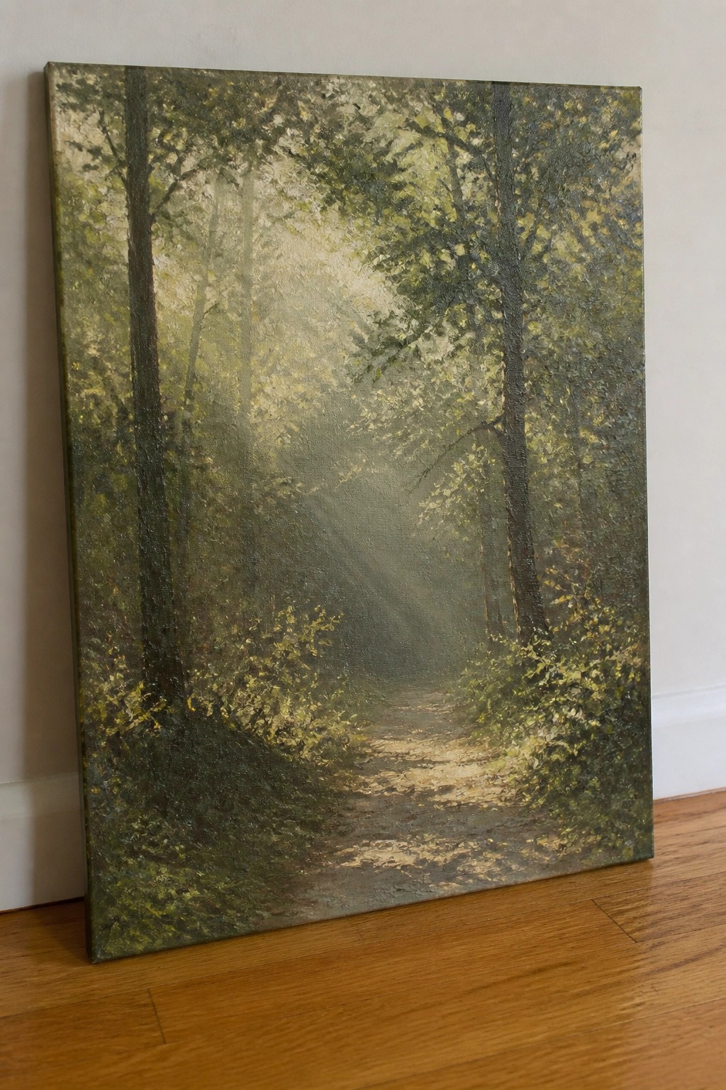 Misty forest path painting with golden sunlight rays filtering through tall trees on canvas.
