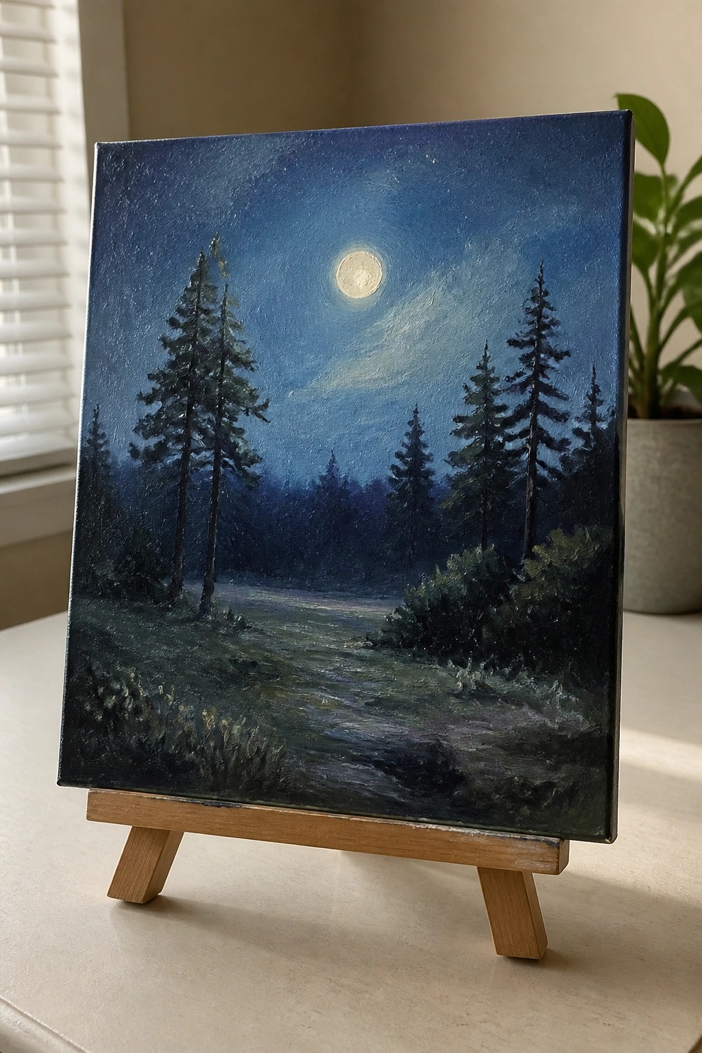 Moonlit pine forest painting on wooden easel, full moon in dark blue sky