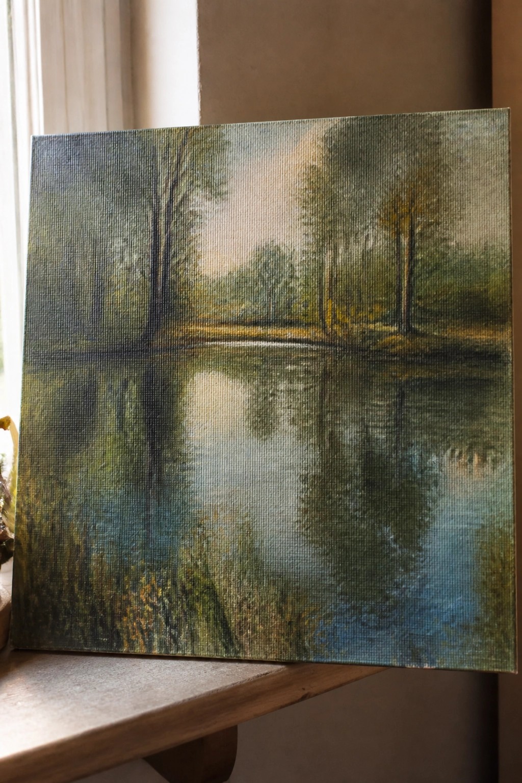 Impressionistic canvas painting of misty trees reflected in a calm lake on a windowsill.