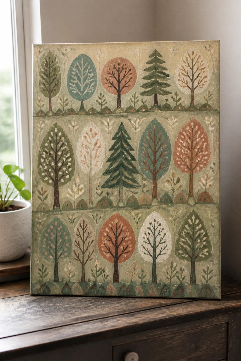 Stylized trees in earthy tones painted in rows on canvas by a window