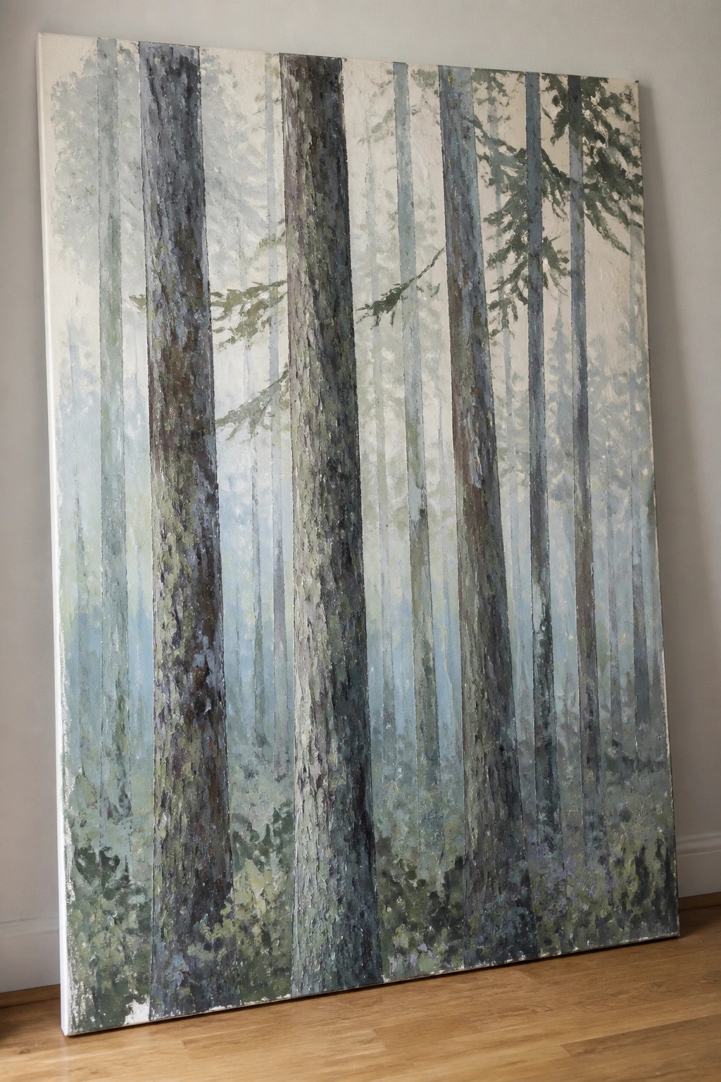Large abstract forest painting with tall vertical tree trunks in muted greens and blues