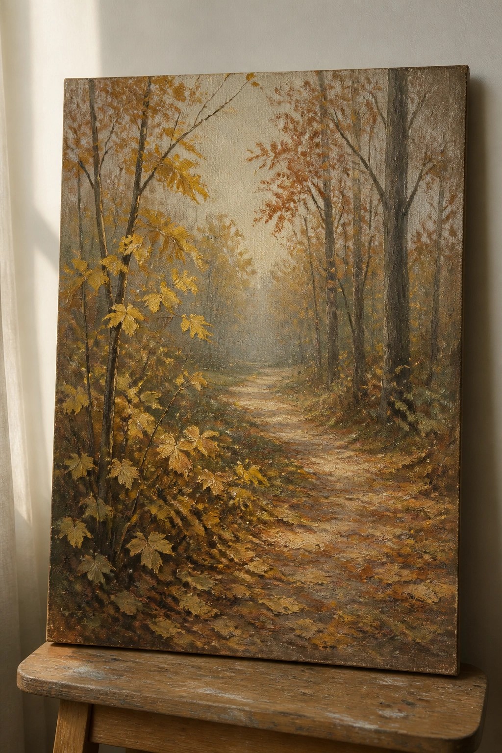Autumn forest path painting with golden leaves resting on wooden stool