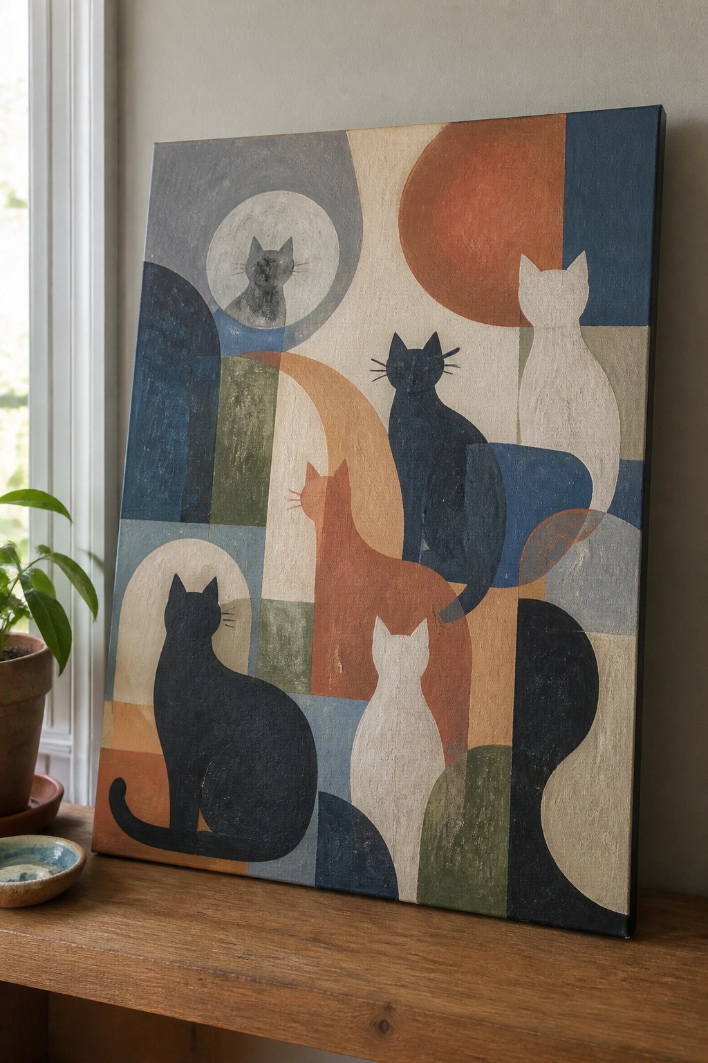 Abstract painting of stylized cats in blue, orange, and beige geometric shapes on wooden surface.