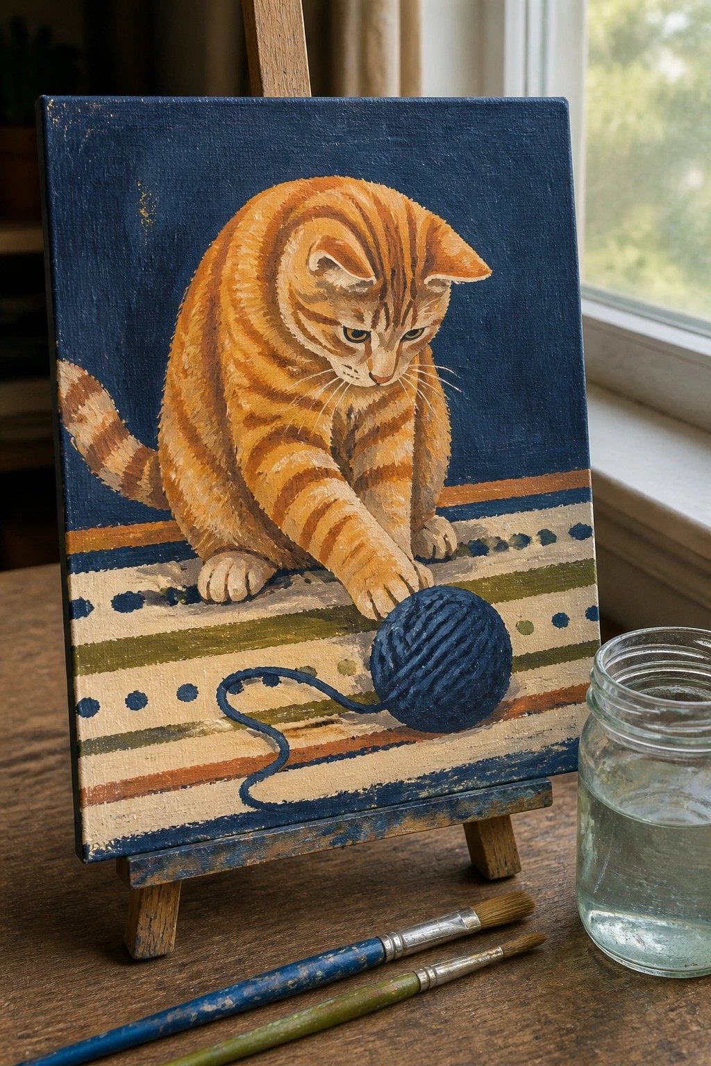 An acrylic painting of an orange tabby cat reaching toward a blue ball of yarn on a striped surface against a dark blue background.