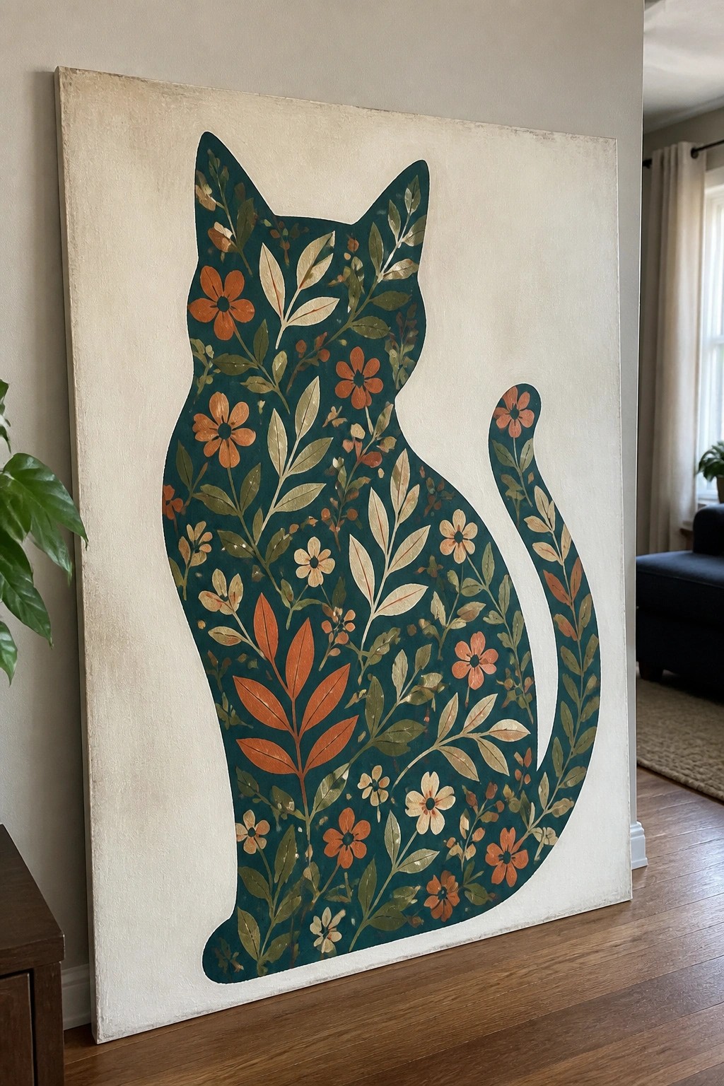 Large cat silhouette canvas with teal background, orange flowers, and gold leaves.