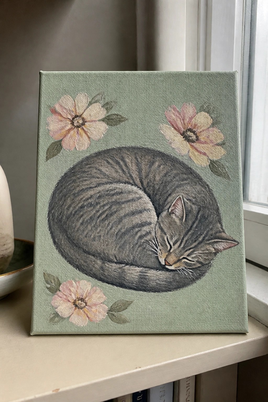 Sleeping gray tabby cat curled amid pink flowers on sage green canvas