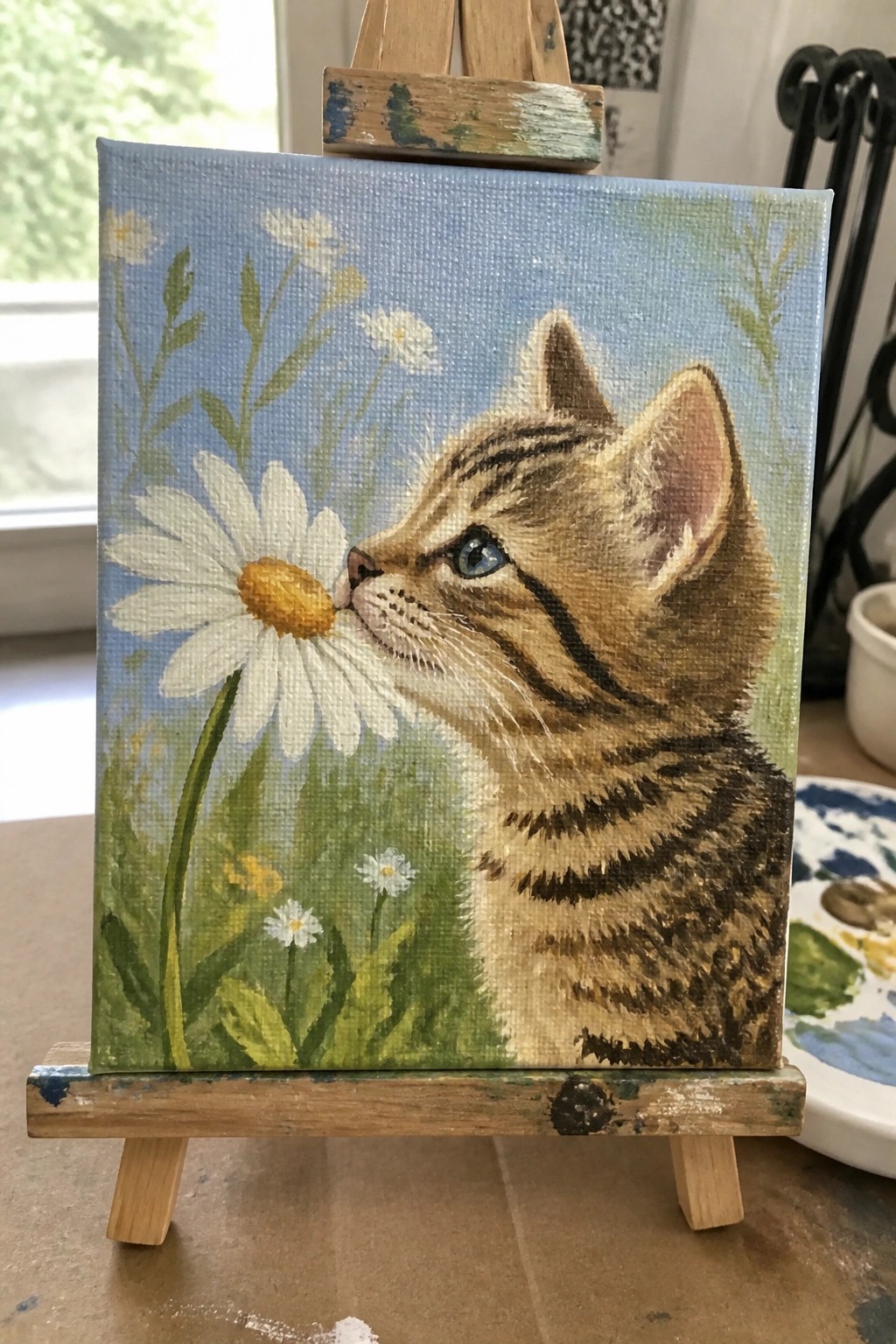 Painting on easel of tabby kitten sniffing large white daisy in blue sky