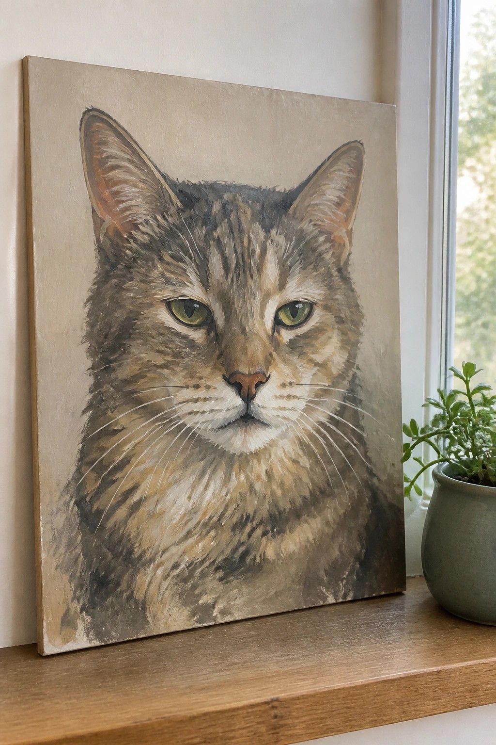 Tabby cat portrait painting on canvas by window beside small potted plant.
