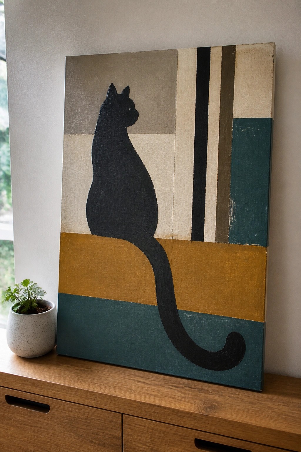Abstract painting of black cat silhouette on geometric canvas beside potted plant on wood.