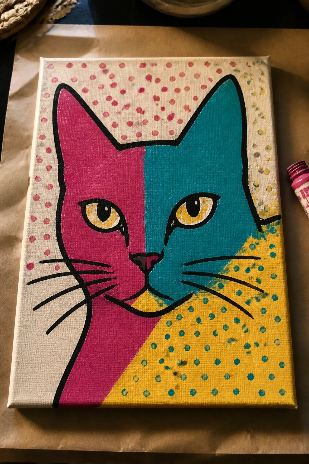 Colorful split-face cat painting on canvas with pink, teal, yellow sections and polka dots
