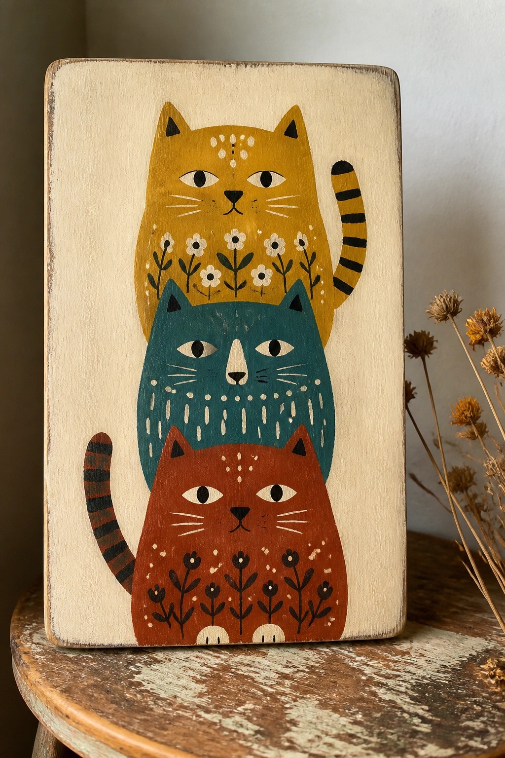 Three cats stacked vertically on a wooden board, painted in yellow, teal, and rust with simple patterns and striped tails.