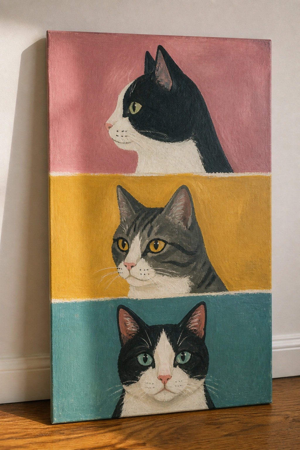 Vertical painting of three cats on pink, yellow, and teal sections.