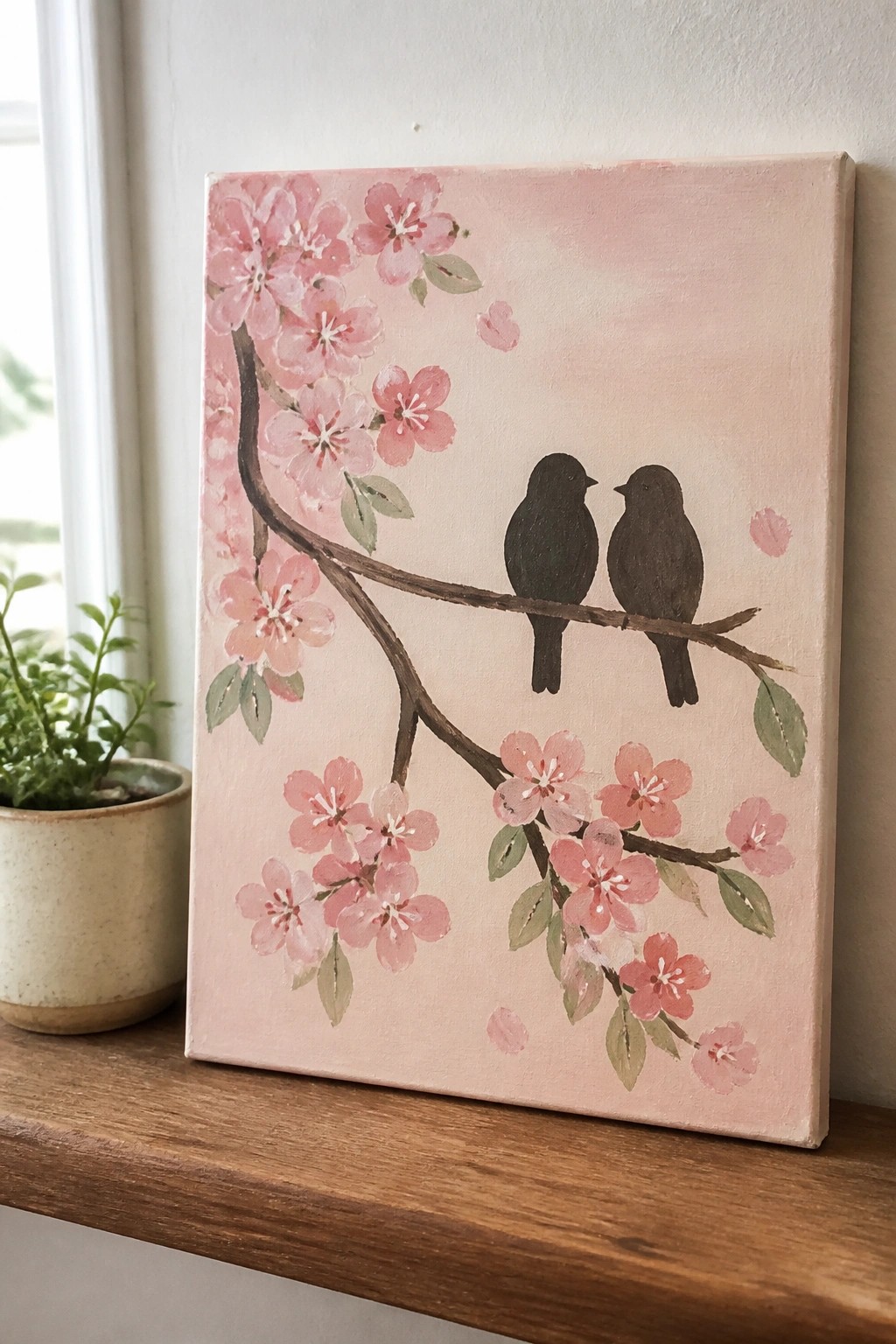 Painting of pink cherry blossoms with two black birds on a branch