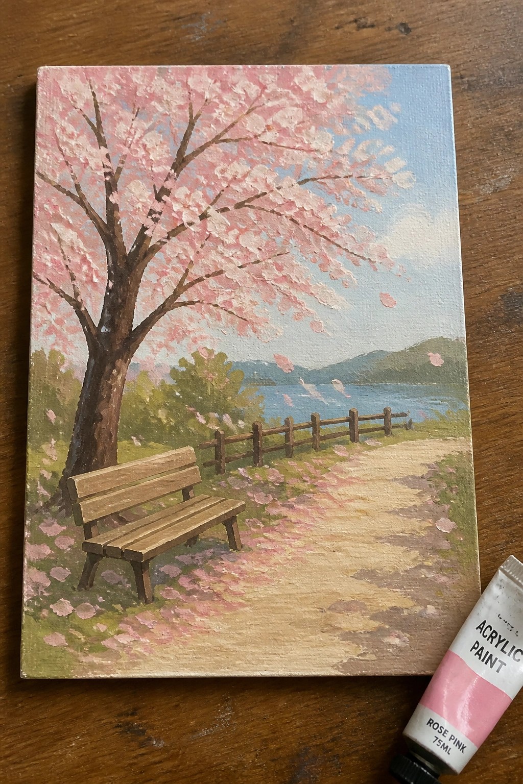 Acrylic painting of cherry blossoms, bench, petal path, fence, and lake with pink paint tube.