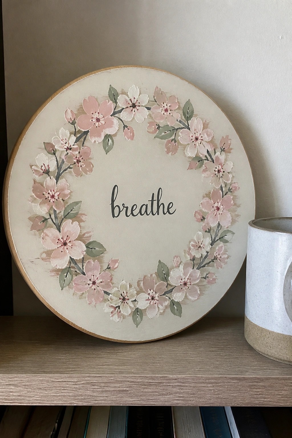 Round wooden plaque with pink cherry blossom wreath and 