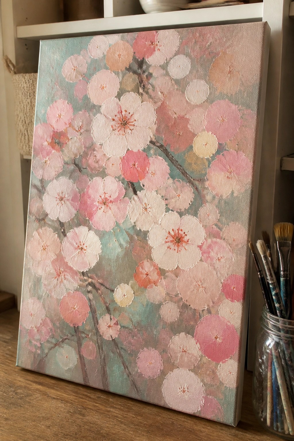 An acrylic painting of pink and white cherry blossoms on branches against a soft blue-green background on a canvas.