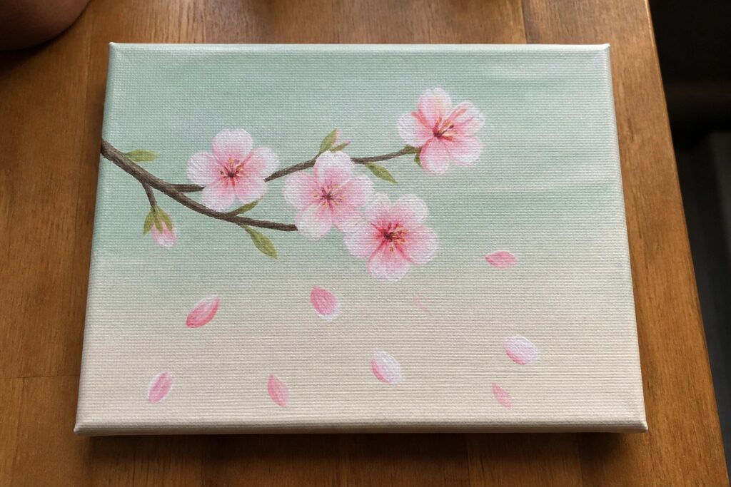 Pink cherry blossom branch with falling petals on light blue canvas over wood