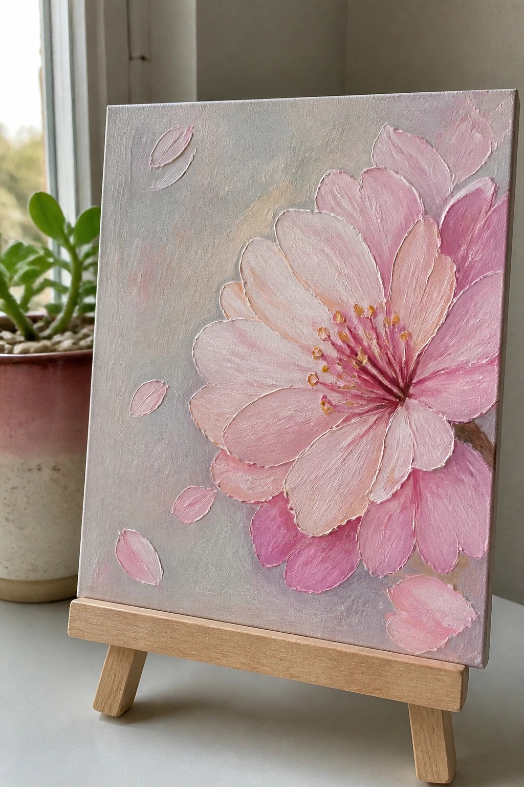 Pink cherry blossom painting on canvas with falling petals on wooden easel
