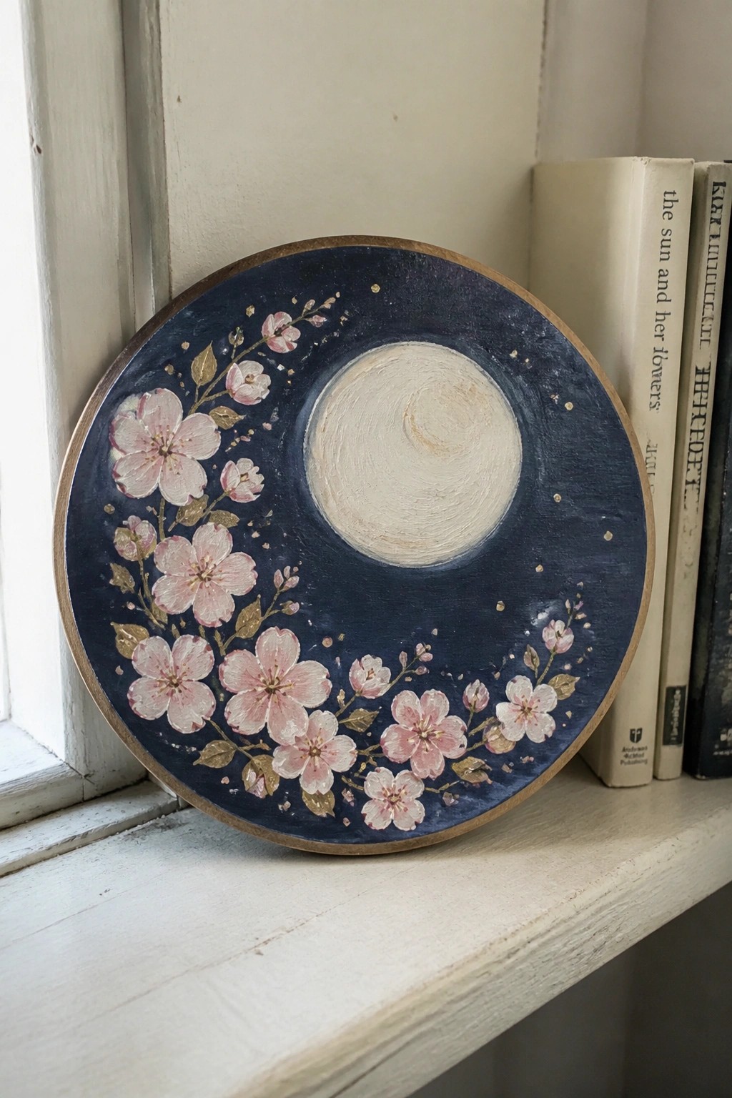 Circular painting of white moon and pink cherry blossoms on dark blue, beside books on windowsill.