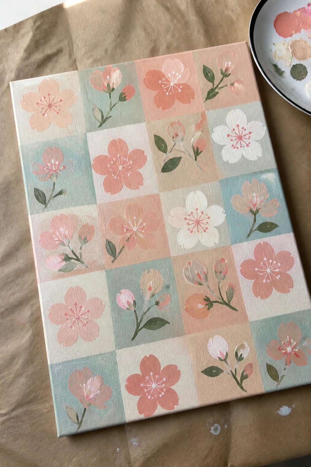 Pastel checkered canvas painted with pink cherry blossoms beside a paint palette.