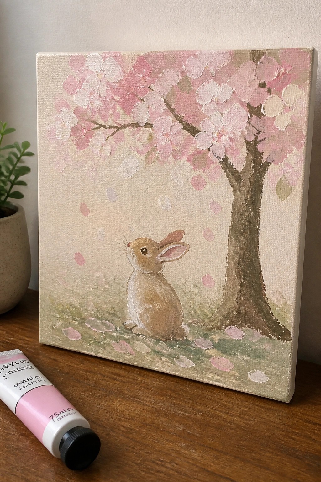 Painting of rabbit under cherry blossom tree with pink paint tube on wooden surface.