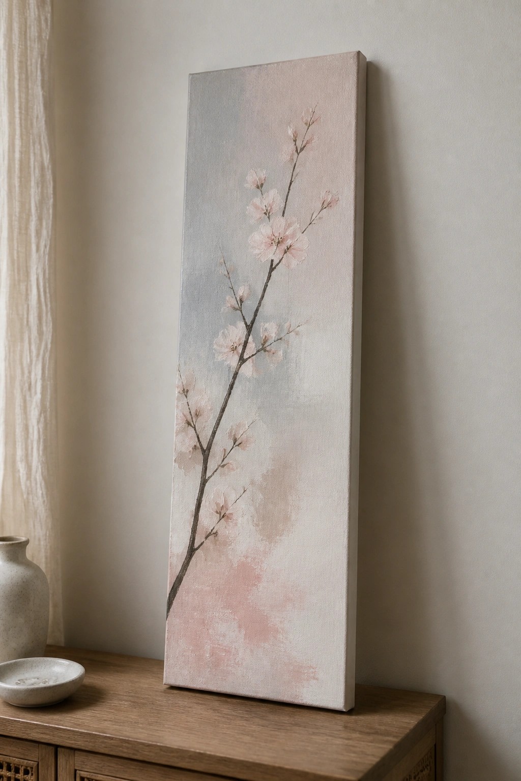 Tall canvas with pink cherry blossoms on soft gray-pink background, beside ceramic vase.