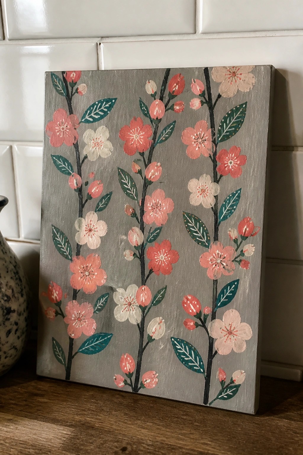 Hand-painted gray canvas with pink blossoms, white flowers, and green leaves on wood