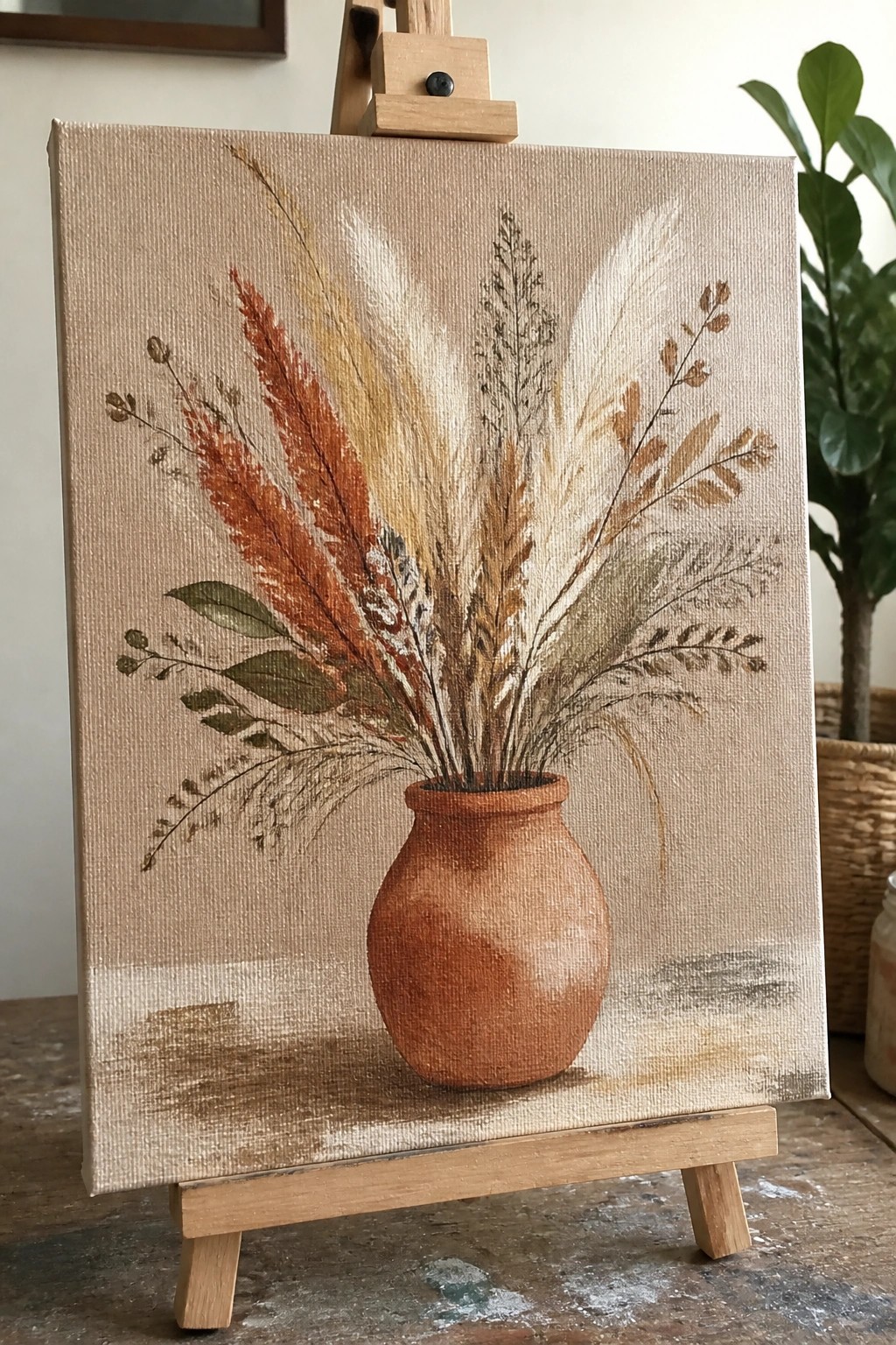 Painting of dried pampas grass and leaves in terracotta vase on wooden easel