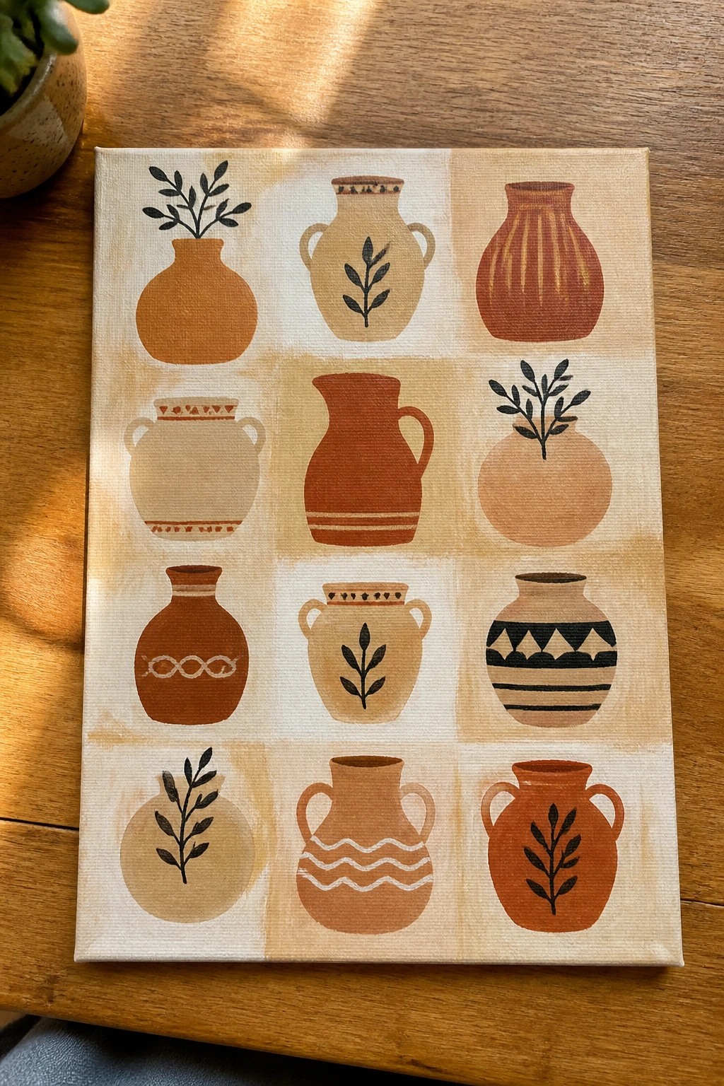 Painting of twelve patterned terracotta vases arranged in a grid on canvas.