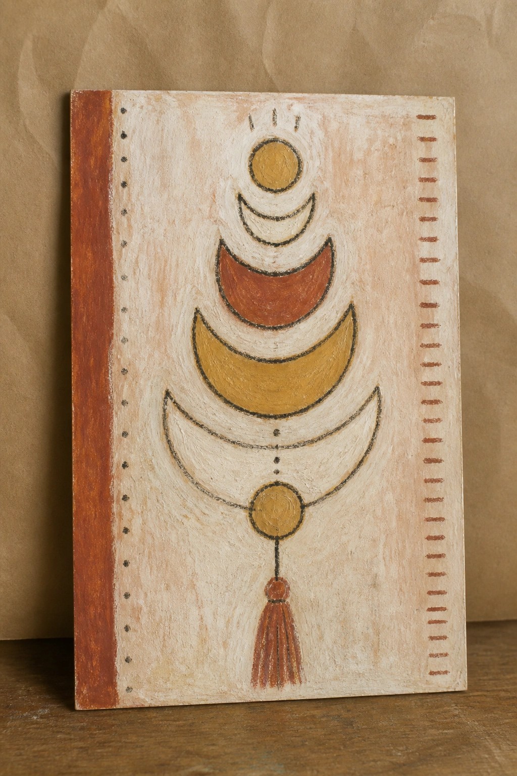Abstract painting of stacked crescents in gold and terracotta with hanging tassel